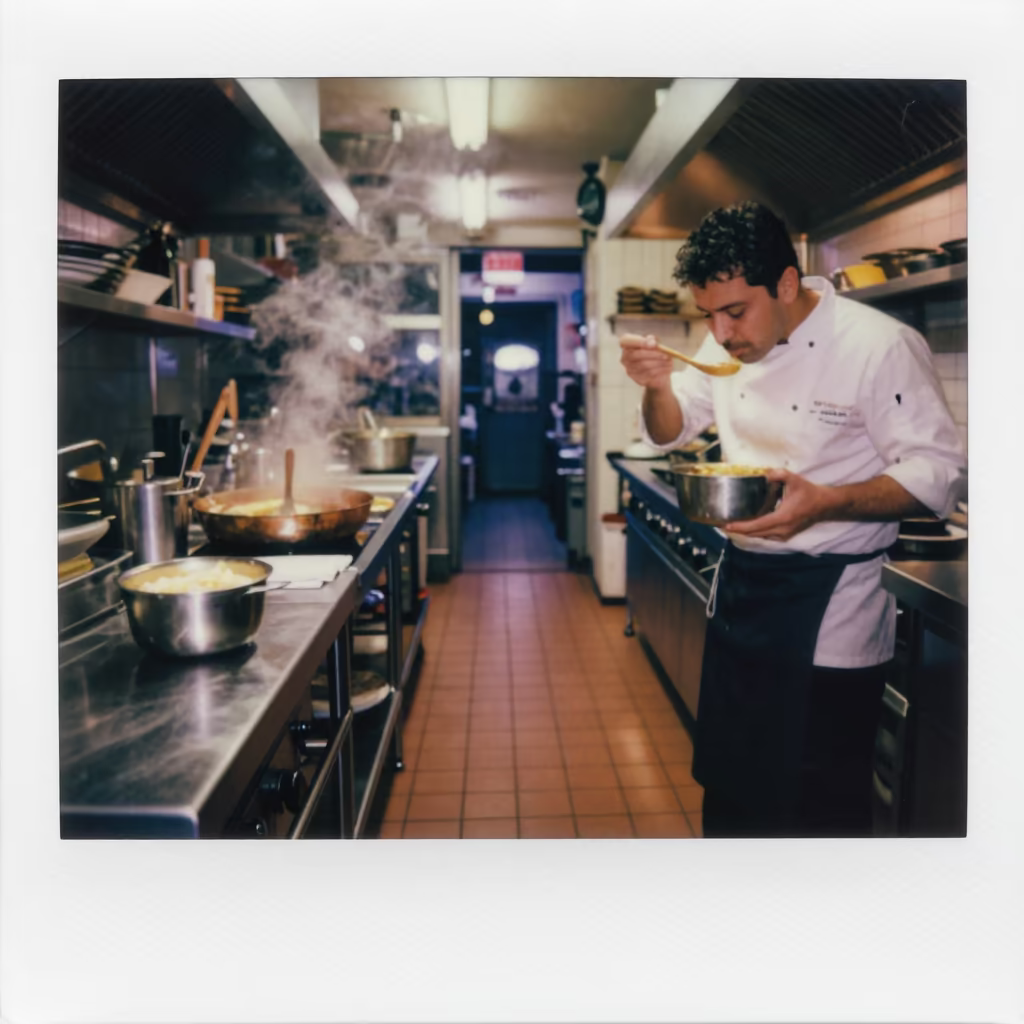 Chef Tasting Sauce by Neon Light in Rome Kitchen in in a kitchen in Garbatella, Rome
