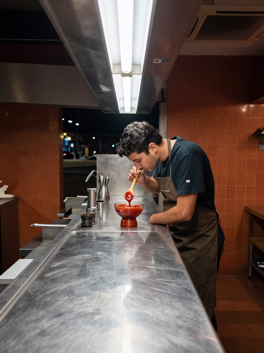 Chef Tasting Sauce Under Fluorescent Lights in in a cafe in Santa Teresa, Rio de Janeiro