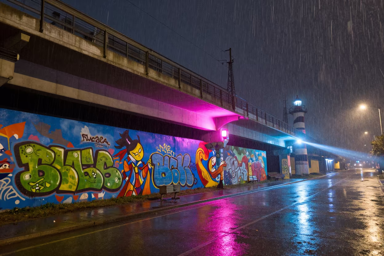 Chelyabinsk Underpass Mural Drizzle Night Glow in under an elevated train line in Chelyabinsk