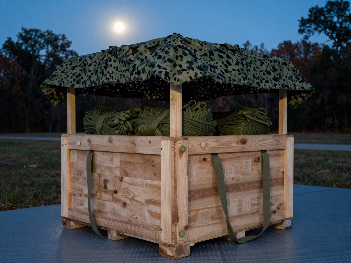 Chem Light Crate Under Camo Shelter Georgia in beneath a camouflage net shelter in Georgia