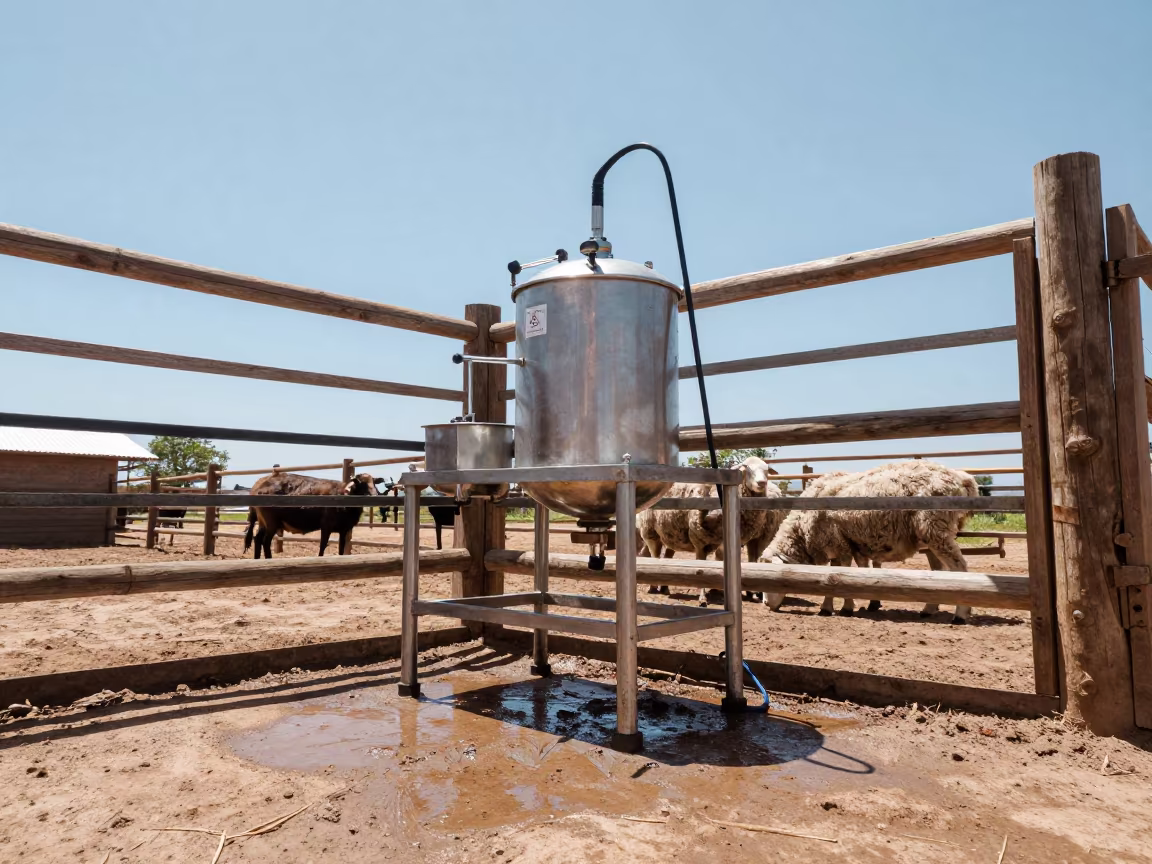 Chemical Stand Before Herd Checks in Bolivian Ranch in inside a ranch corral in Bolivia