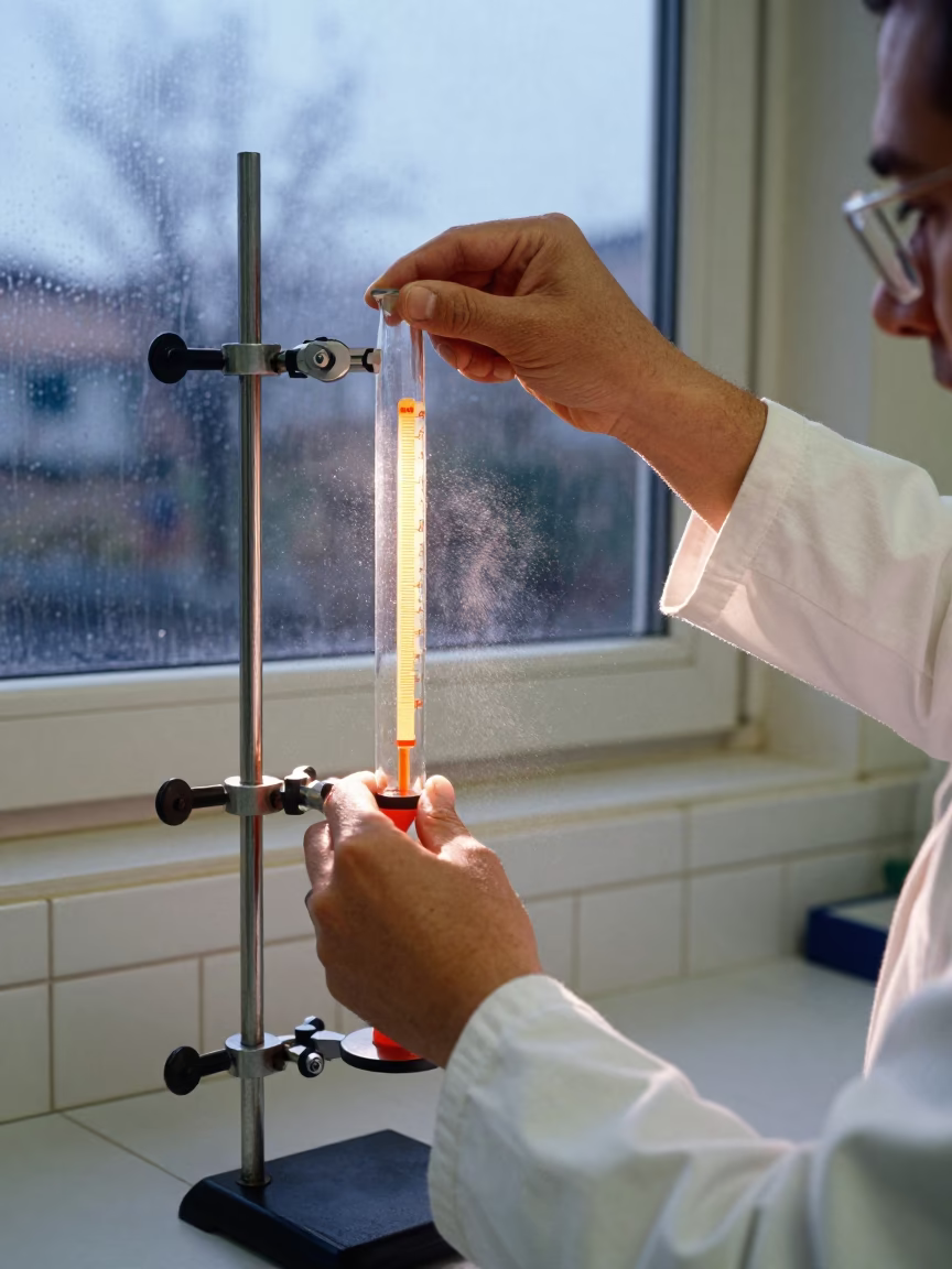 Chemist Adjusting Burette in Alicante Lab in in a bright laboratory in Alicante