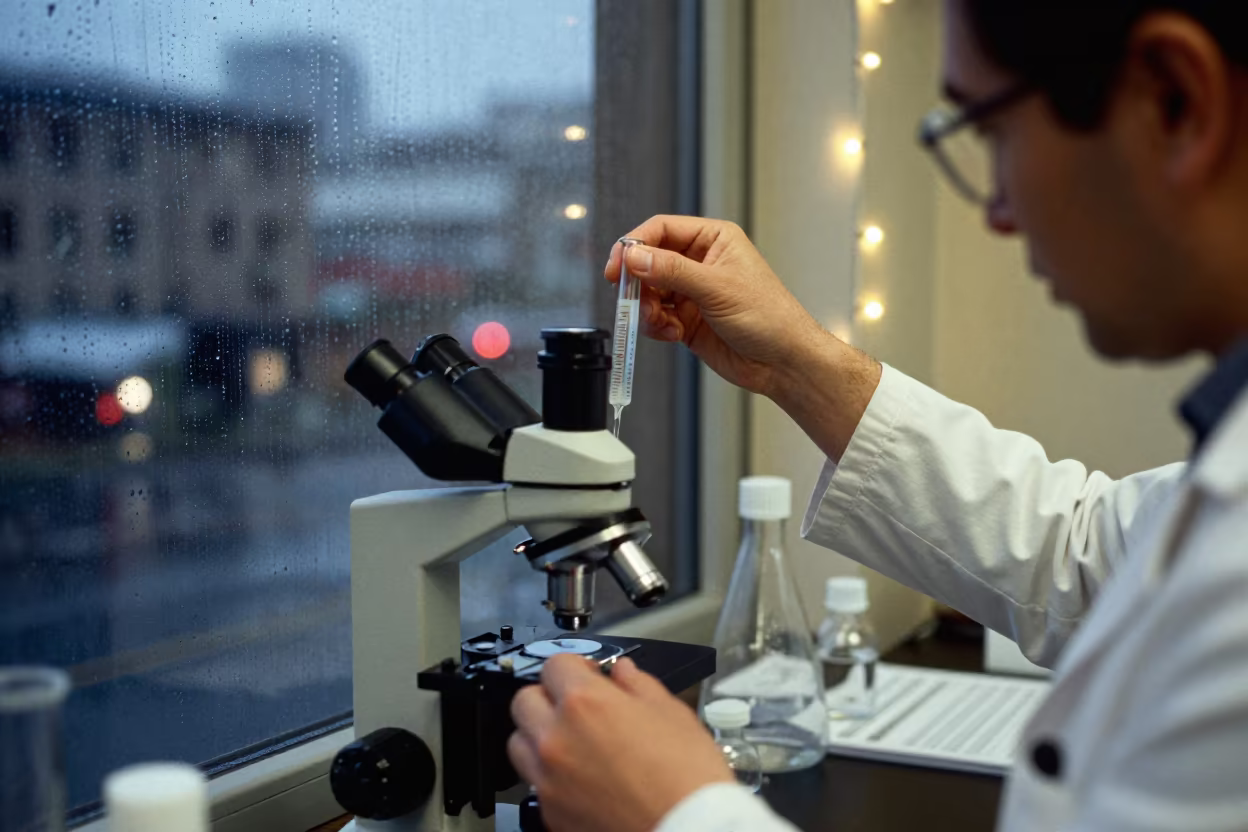 Chemist Adjusting Burette in Darwin Lab in at a microscopy bench near Darwin