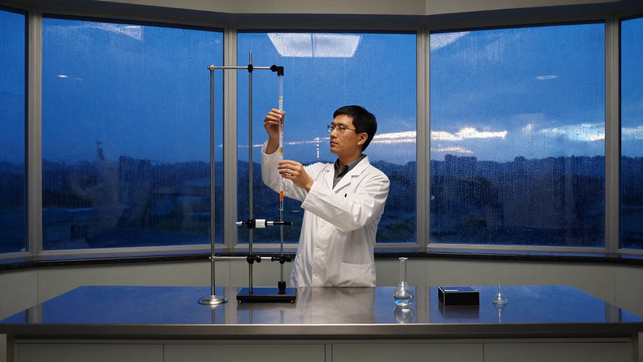 Chemist Adjusting Burette in Dolisie Observatory Twilight in inside an observatory control room in Dolisie