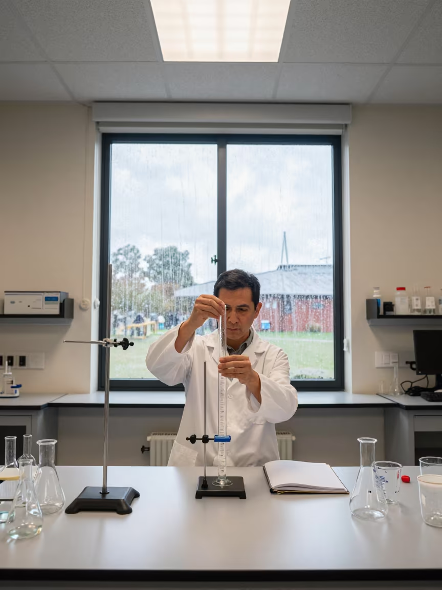Chemist Adjusts Burette in Melbourne Lab in inside a university research lab in Melbourne