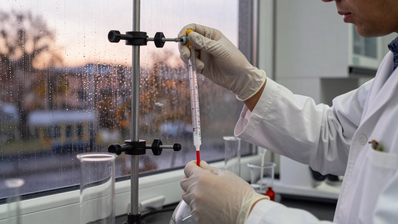 Chemist Adjusts Burette at Twilight Window in at a microscopy bench in Toyama