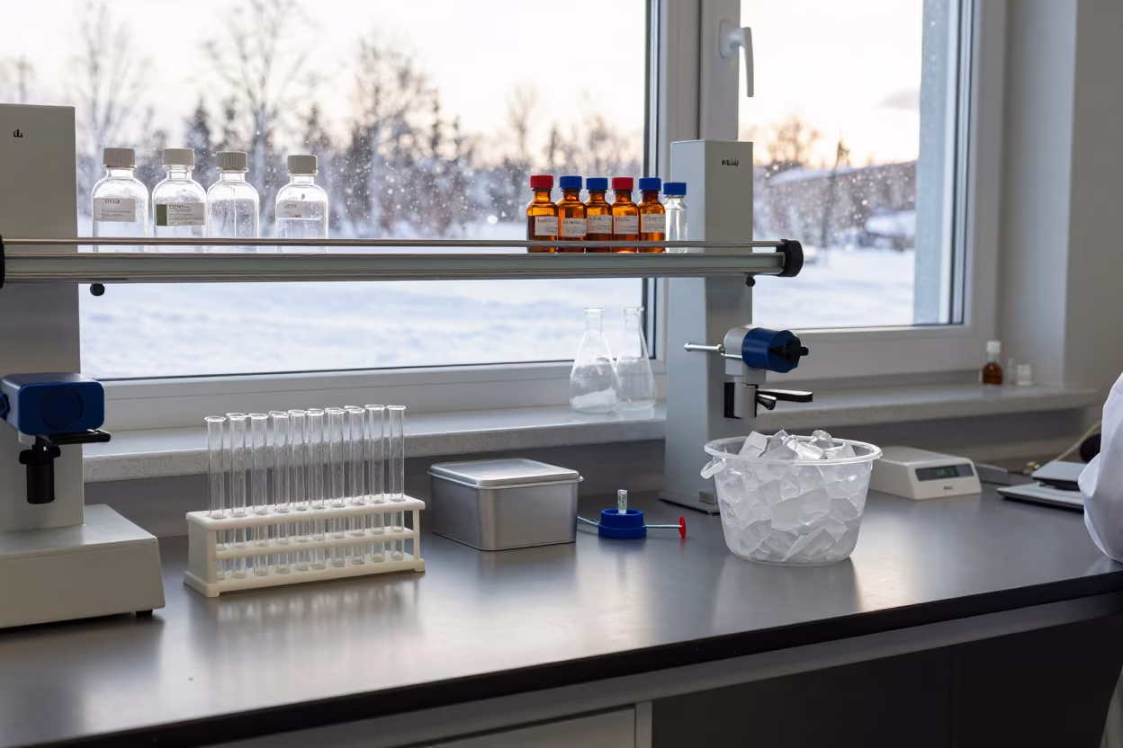 Chemist Bench with Snow Falling in Kiruna in in Kiruna