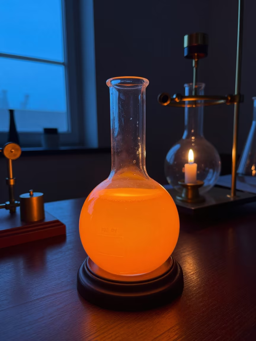 Chemistry Flask Glows Orange in Xian Observatory in inside an observatory control room in Xian