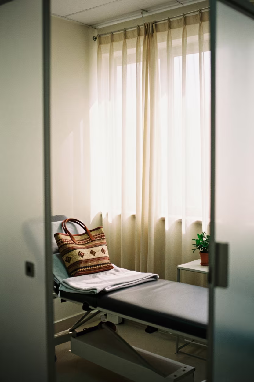 Chemo Chair Blanket Tote in Gujrat Clinic in inside a clinic exam room in Gujrat