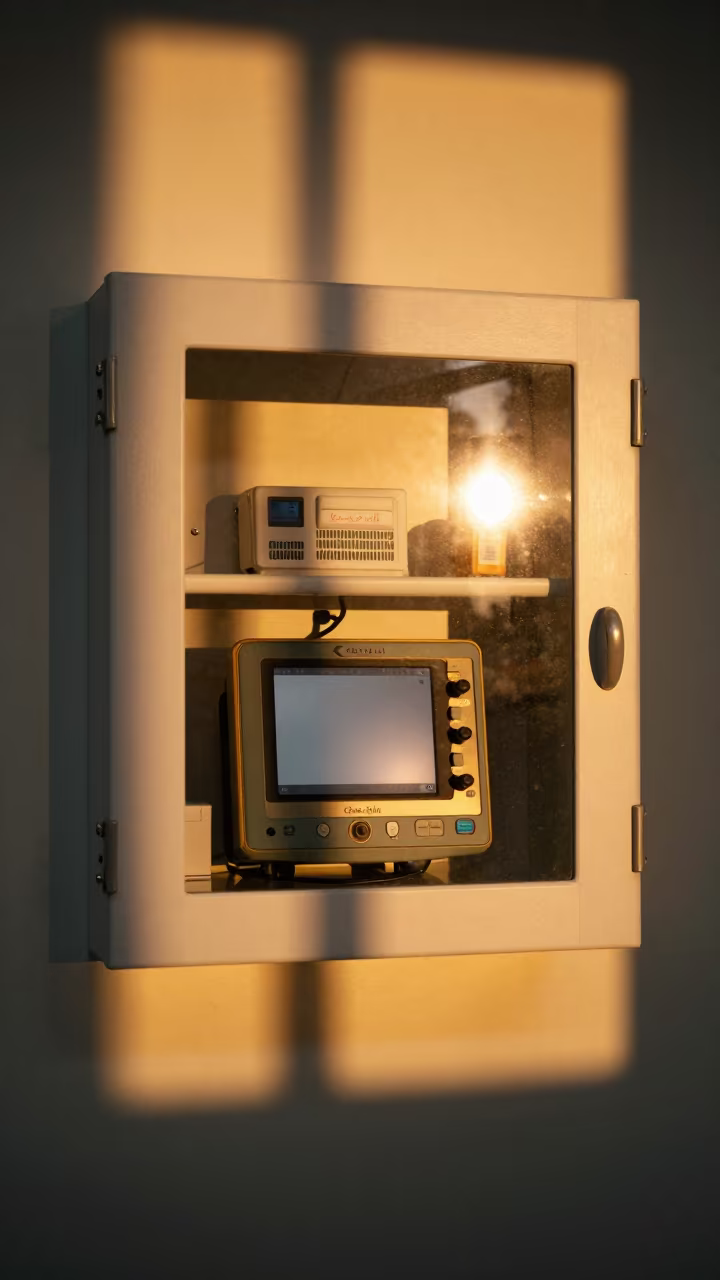 Chemo Kit Cabinet Under Golden Hour Light in at a nurse station under monitor glow in Las Vegas