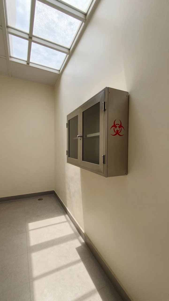 Chemo spill kit cabinet in Kumasi clinic room in inside a clinic exam room in Kumasi