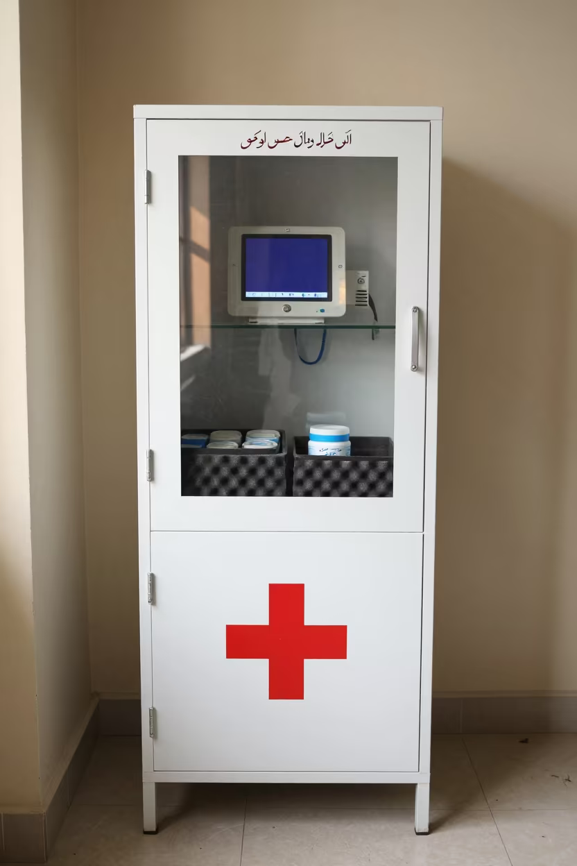 Chemo Spill Kit Cabinet at Nurse Station Sargodha in at a nurse station under monitor glow in Sargodha