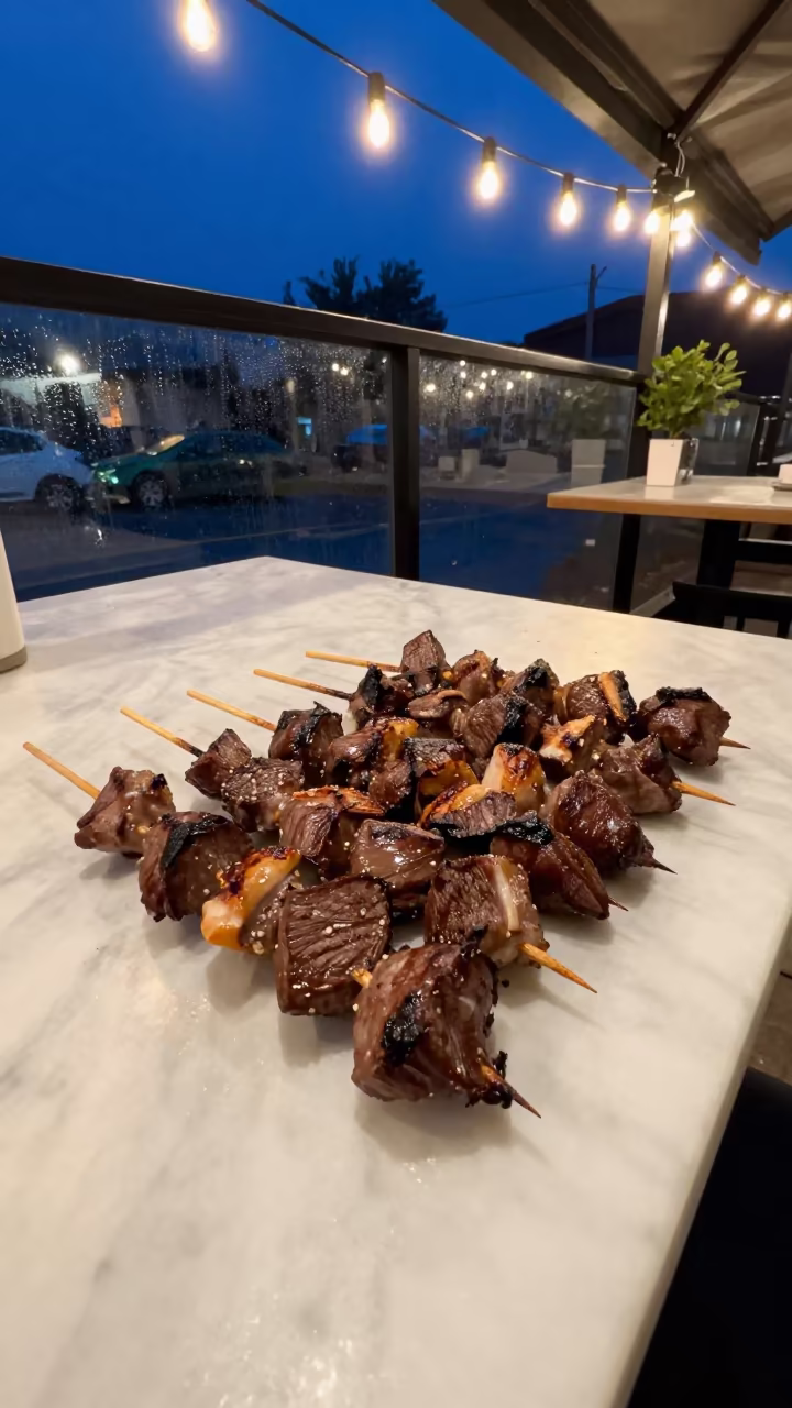 Chengdu Anticuchos on Marble Table in on a marble cafe table in Chengdu