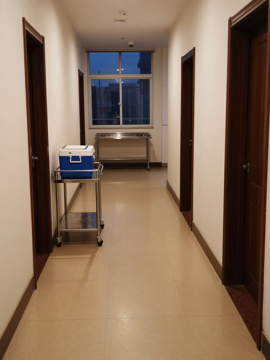 Chengdu Clinic Vaccination Room Indigo Twilight in along a linen cart bay outside treatment rooms in Chengdu