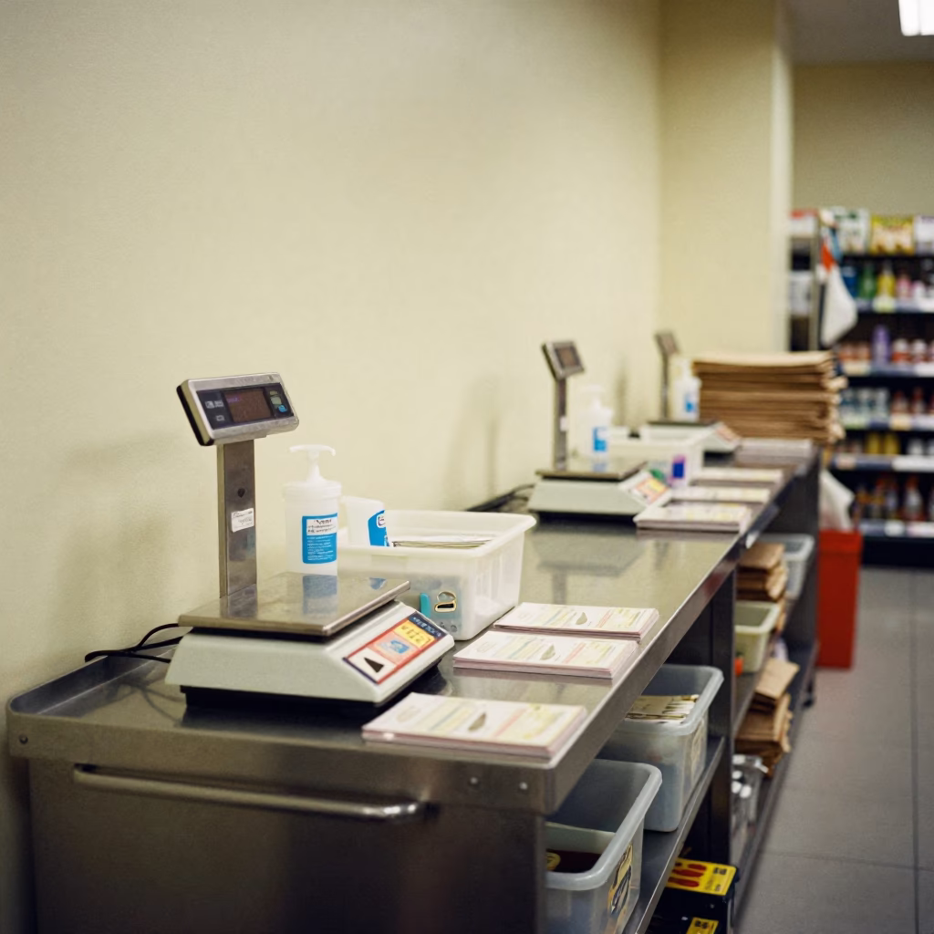Chengdu Grocery Scale Station with Steel and Sanitizer in at a cash wrap counter with bags stacked nearby in Chengdu