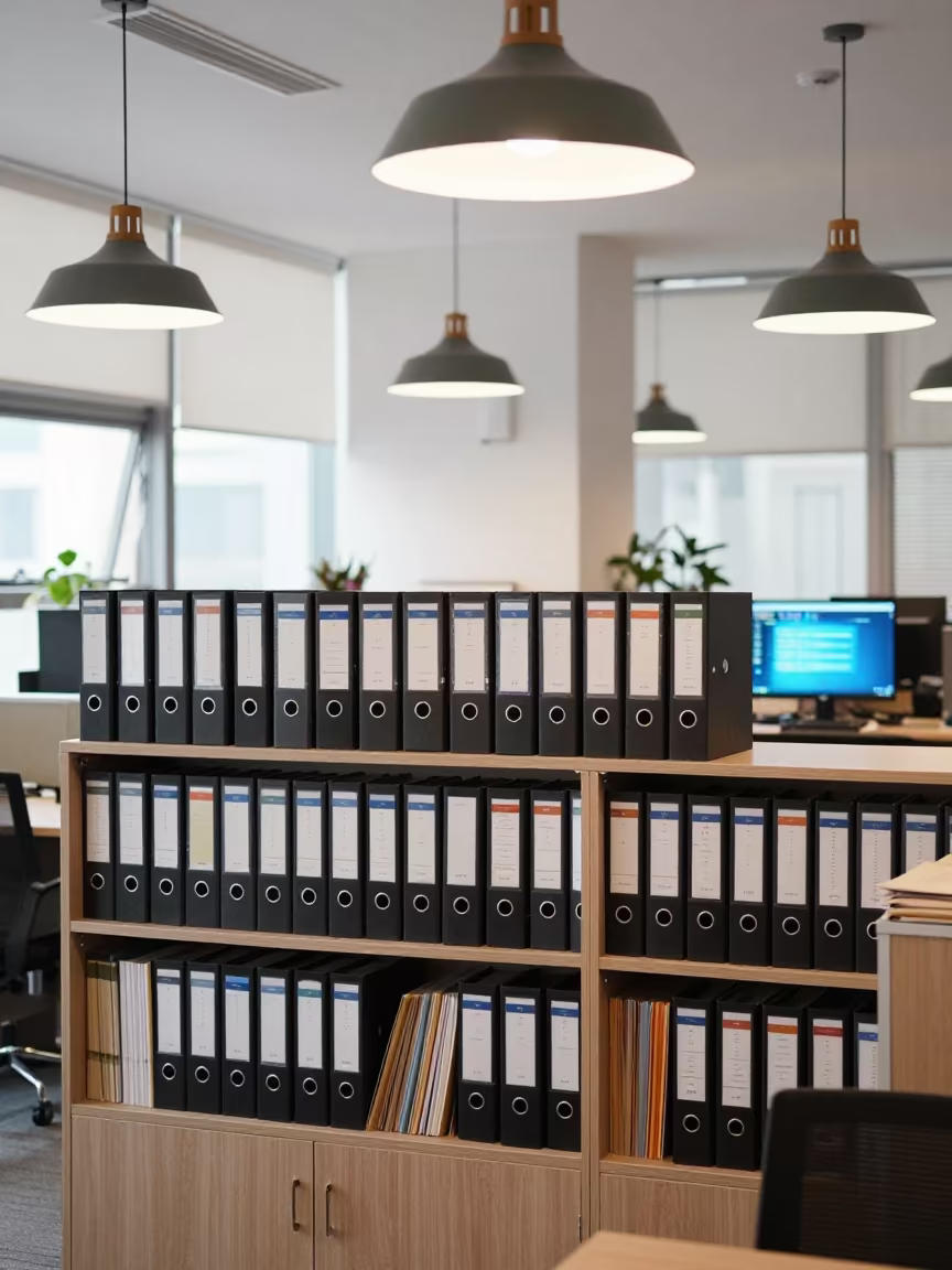 Chengdu Law Office Binders Under Soft Overcast Light in in an operations center under monitor glow in Chengdu