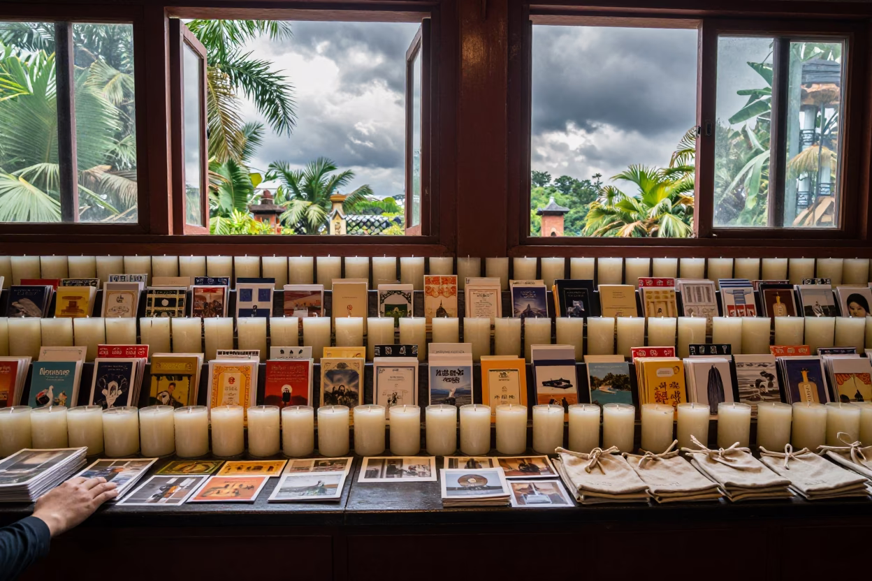 Chengdu Monastery Gift Counter Candles Postcards in in a ceremonial hall in Chengdu