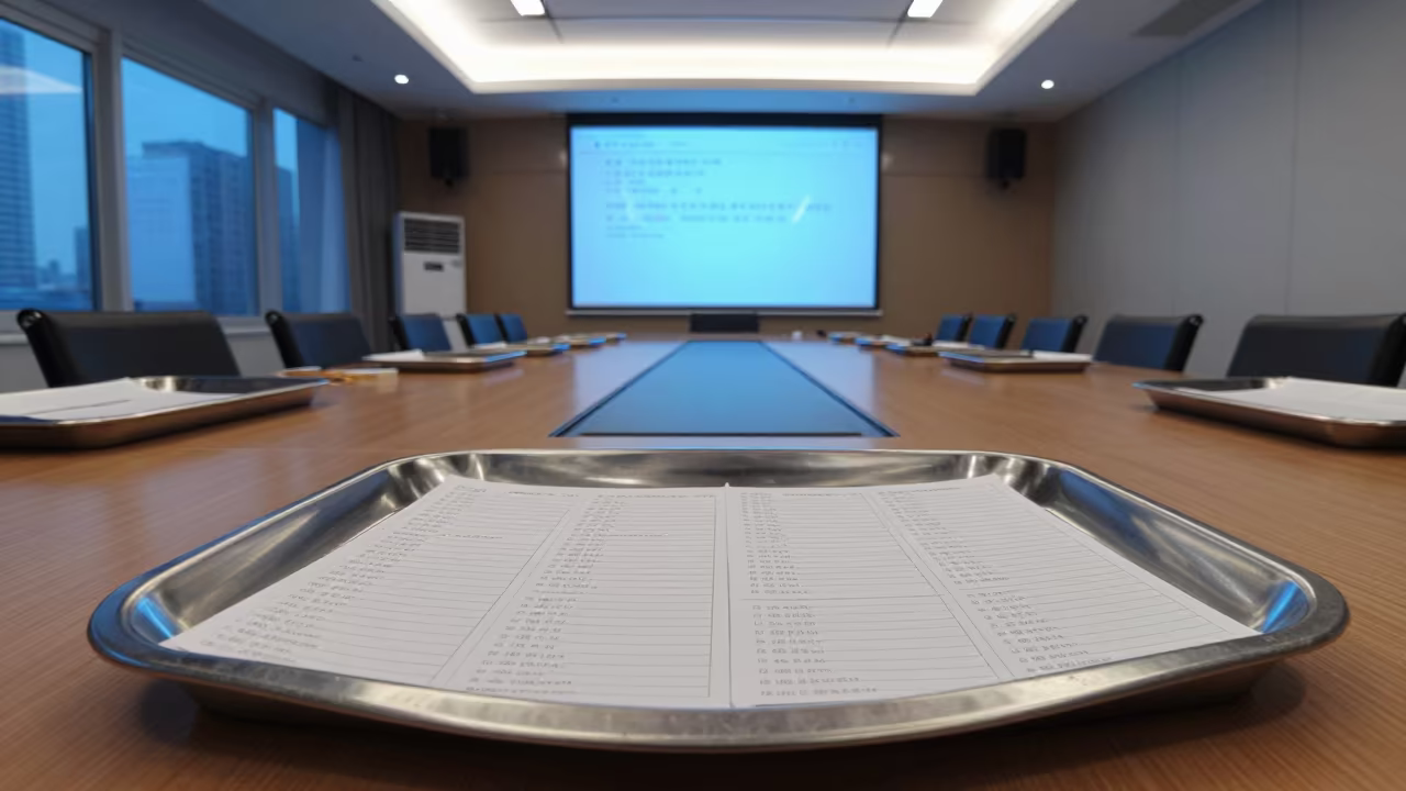 Chengdu Office Proof Tray in Evening Blue Light in inside a conference room in Chengdu