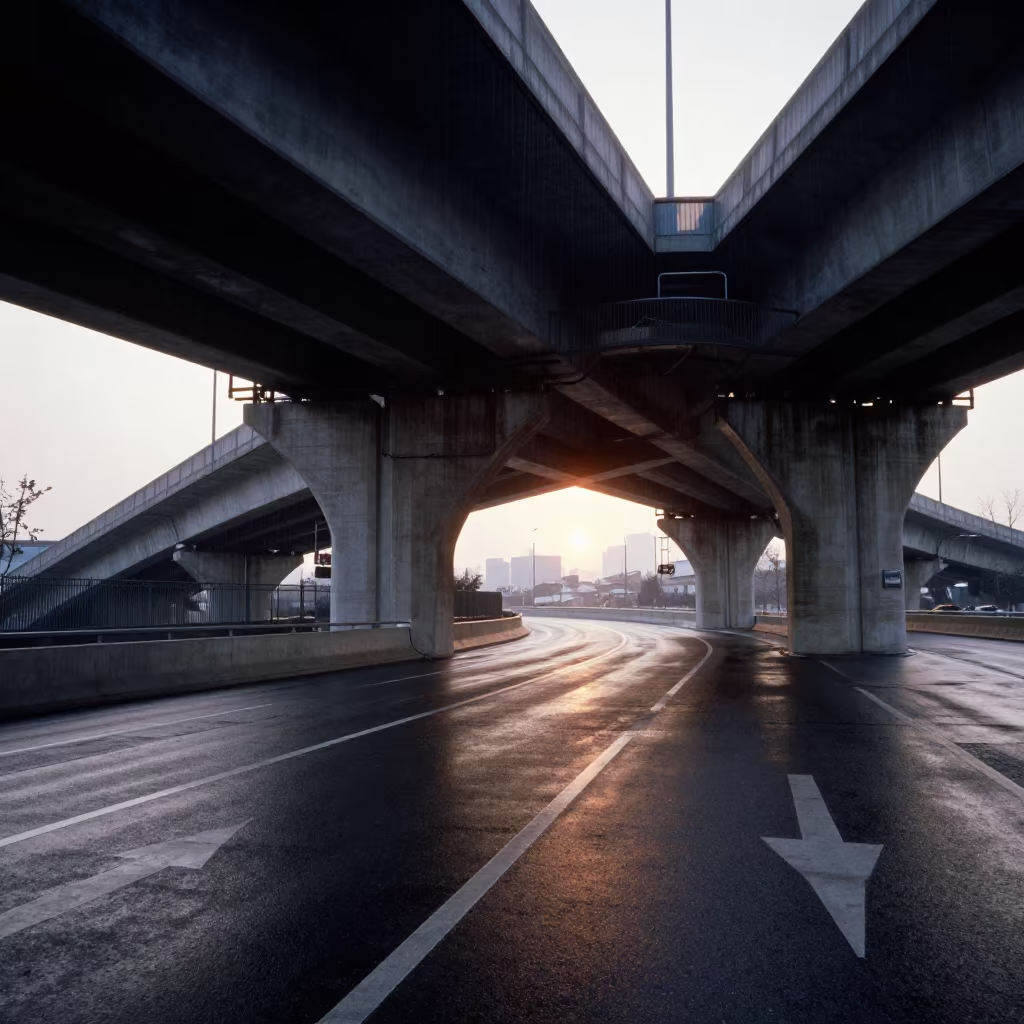 Chengdu Overpass Arrows at Winter Sunset in beside a storm surge barrier in Chunxi Road, Chengdu