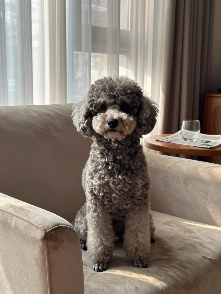 Chengdu Poodle Portrait on Sofa Near Window in on a sofa near a curtained window with calm indoor light in Chengdu