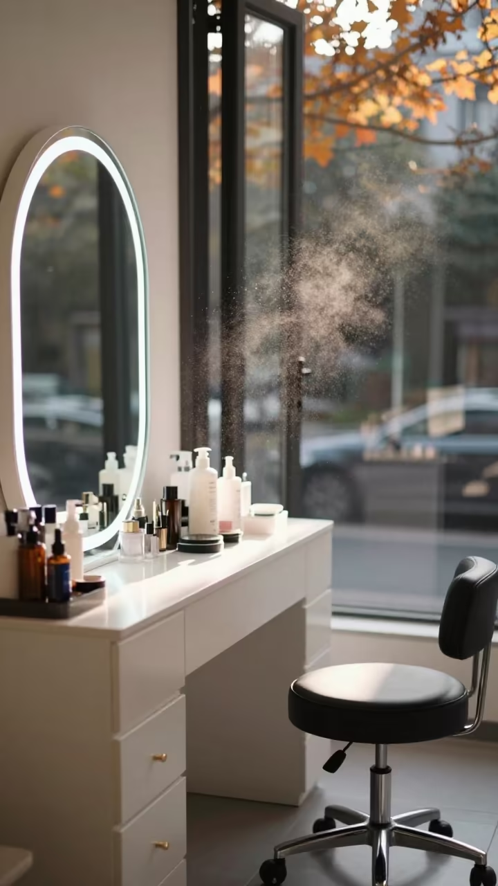 Chengdu Salon Backbar with Dust in Autumn Light in in a beauty supply area under white LEDs in Chengdu