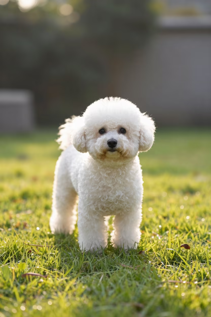 Chengdu Teacup Poodle Late Afternoon Portrait in in a small yard with clipped grass, calm light, and the animal centered in frame in Chengdu