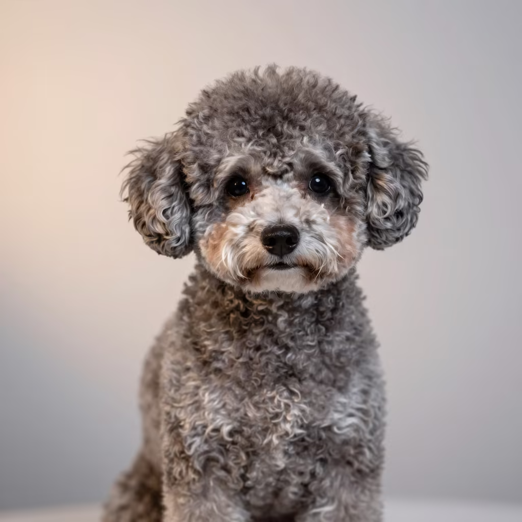 Chengdu Teacup Poodle Portrait in Dawn Light in in a quiet portrait studio with a plain backdrop and eye-level framing in Chengdu