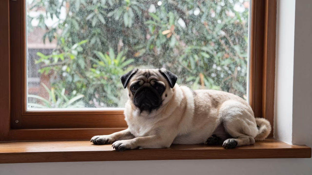 Chennai Apartment Pug Resting on Window Seat in on a window seat in a quiet apartment with soft side light near Chennai