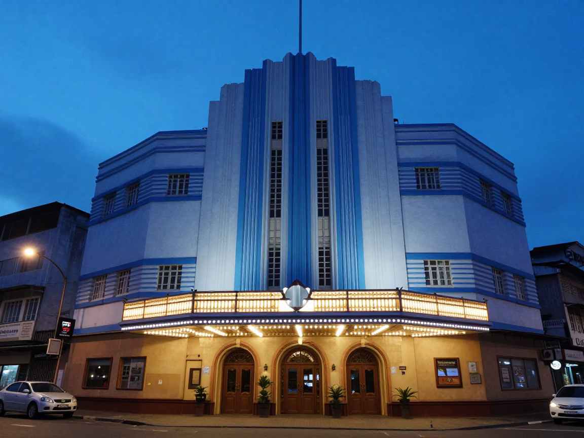 Chennai Art Deco Cinema Facade Illuminated in Indigo Twilight After Sunset in in Chennai, India