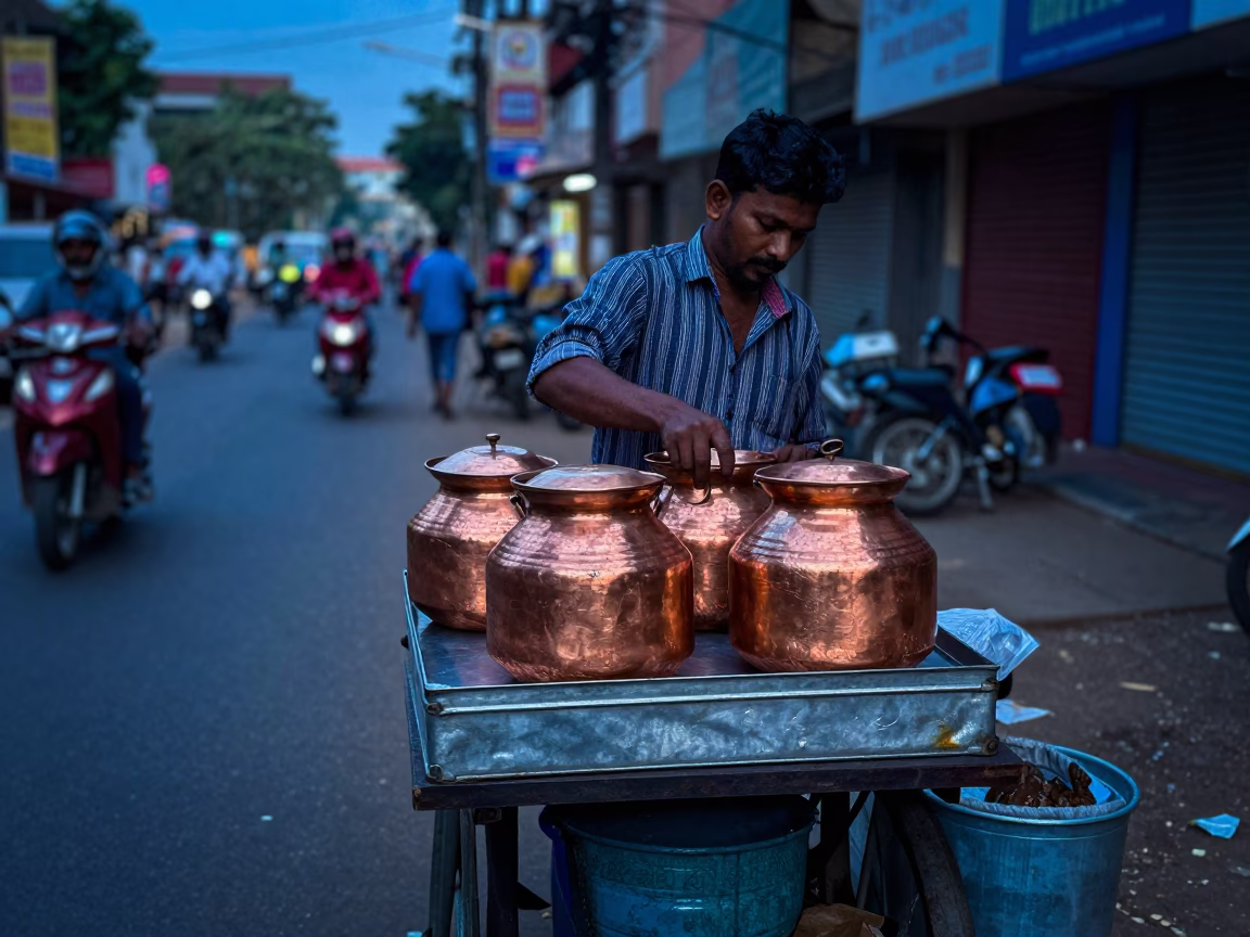 Chennai Blue Hour Street Scene With Copper Pots And Tin Box in in Chennai, India