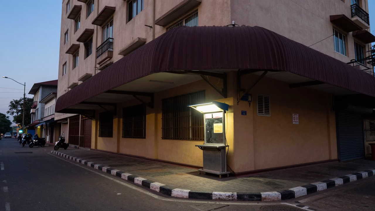 Chennai Blue Hour Street Scene with Valet Stand and Hotel Awning Reflections in in Chennai, India