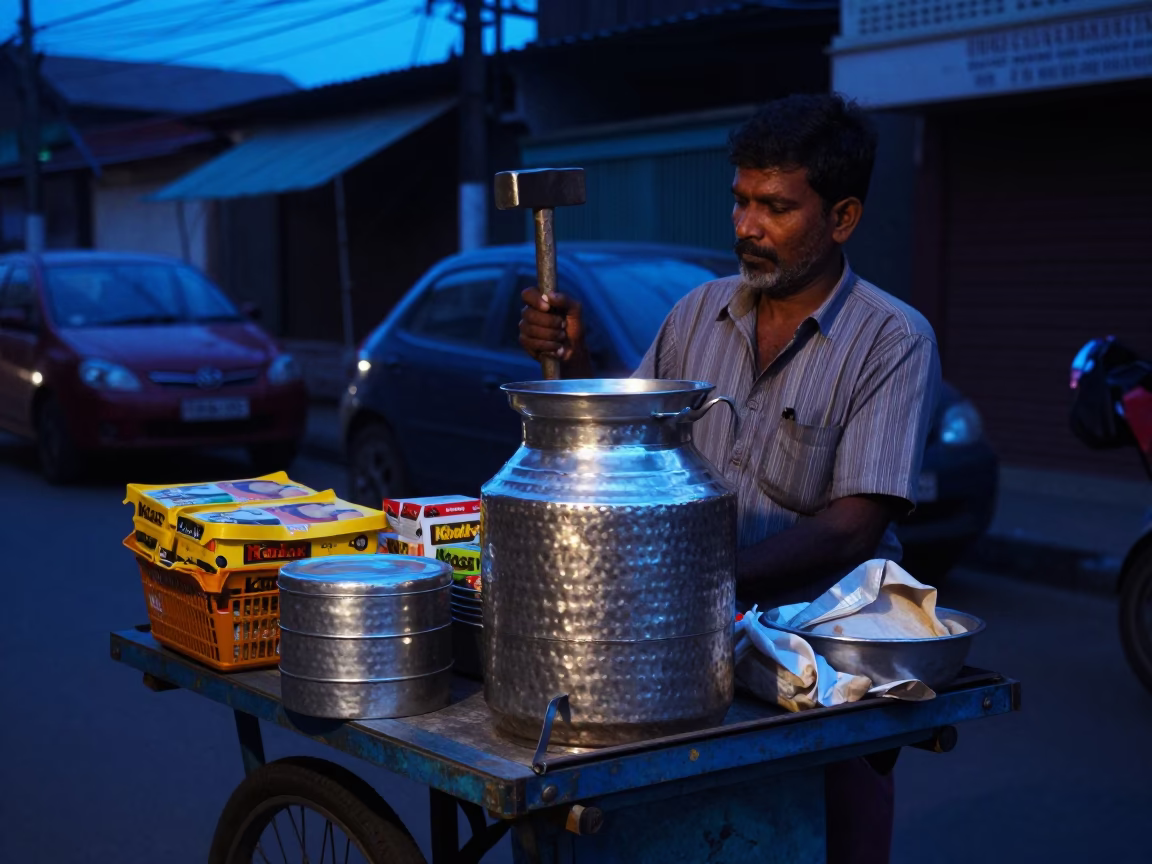 Chennai Blue Hour Street Vendor with Hammered Metal and Biscuit Tin in in Chennai, India