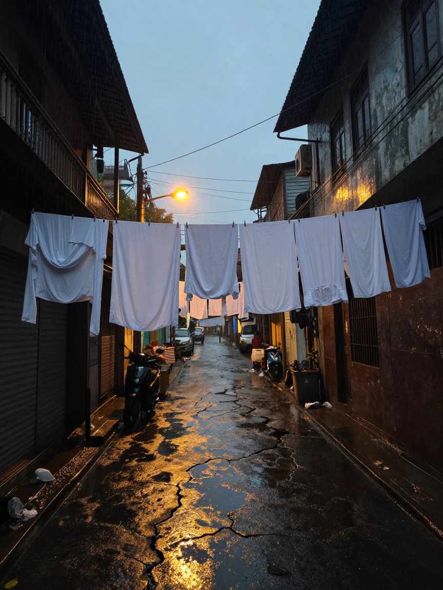 Chennai Dusk Rain Street Scene with Laundry and Wet Leaves in in Chennai, India