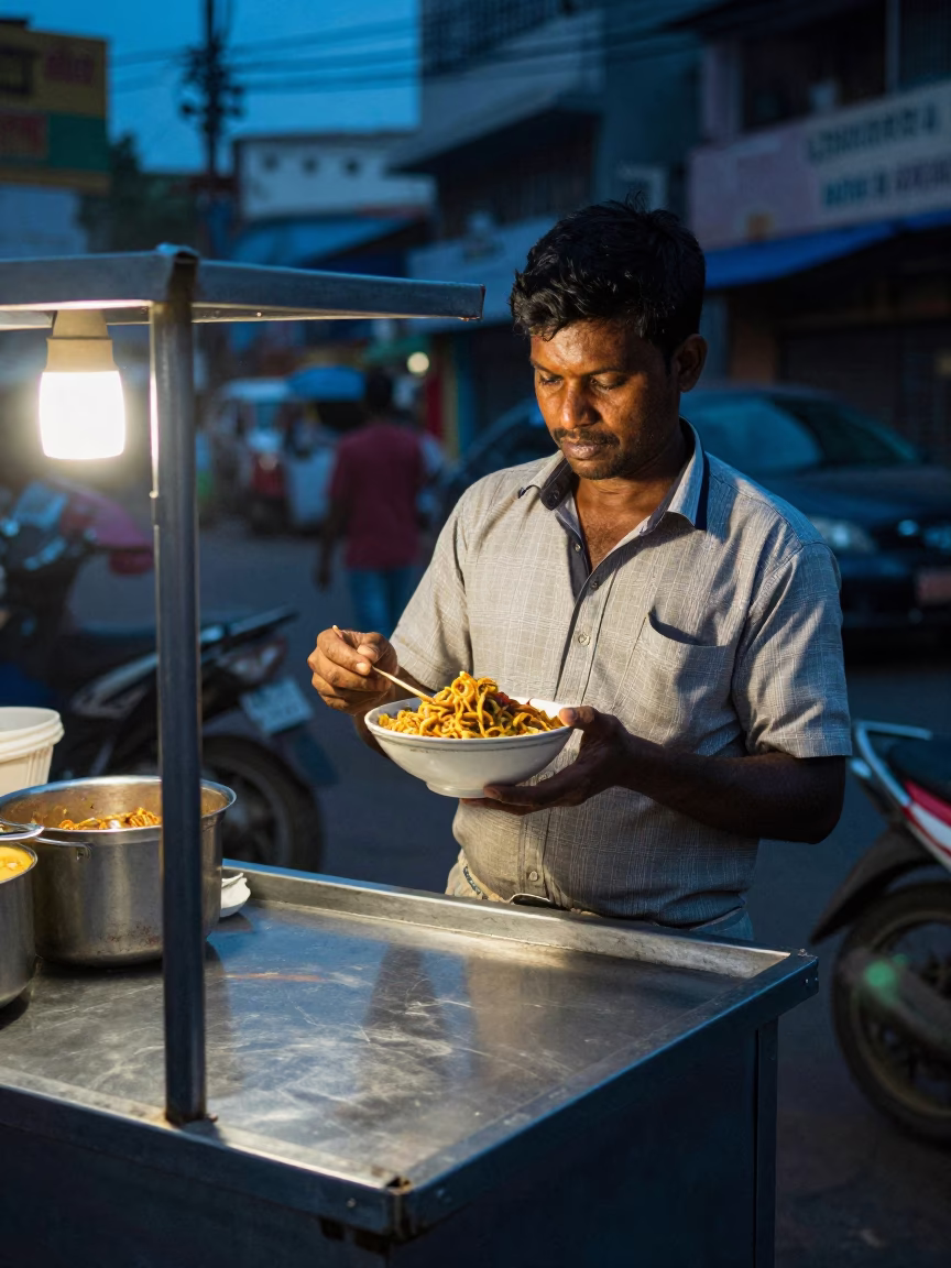 Chennai Evening Street Food Vendor Serving Bowl of Khao Soi Under Blue Light in in Chennai, India