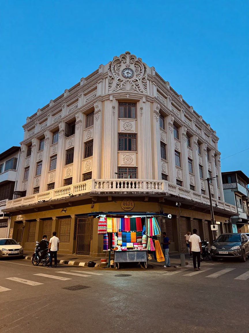 Chennai Evening Street Scene with Art Deco Hotel Facade and Local Market Activity in in Chennai, India