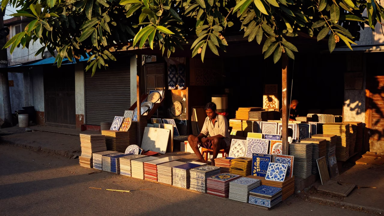 Chennai Evening Street Scene with Ceramic Tiles and Drying Towels in in Chennai, India
