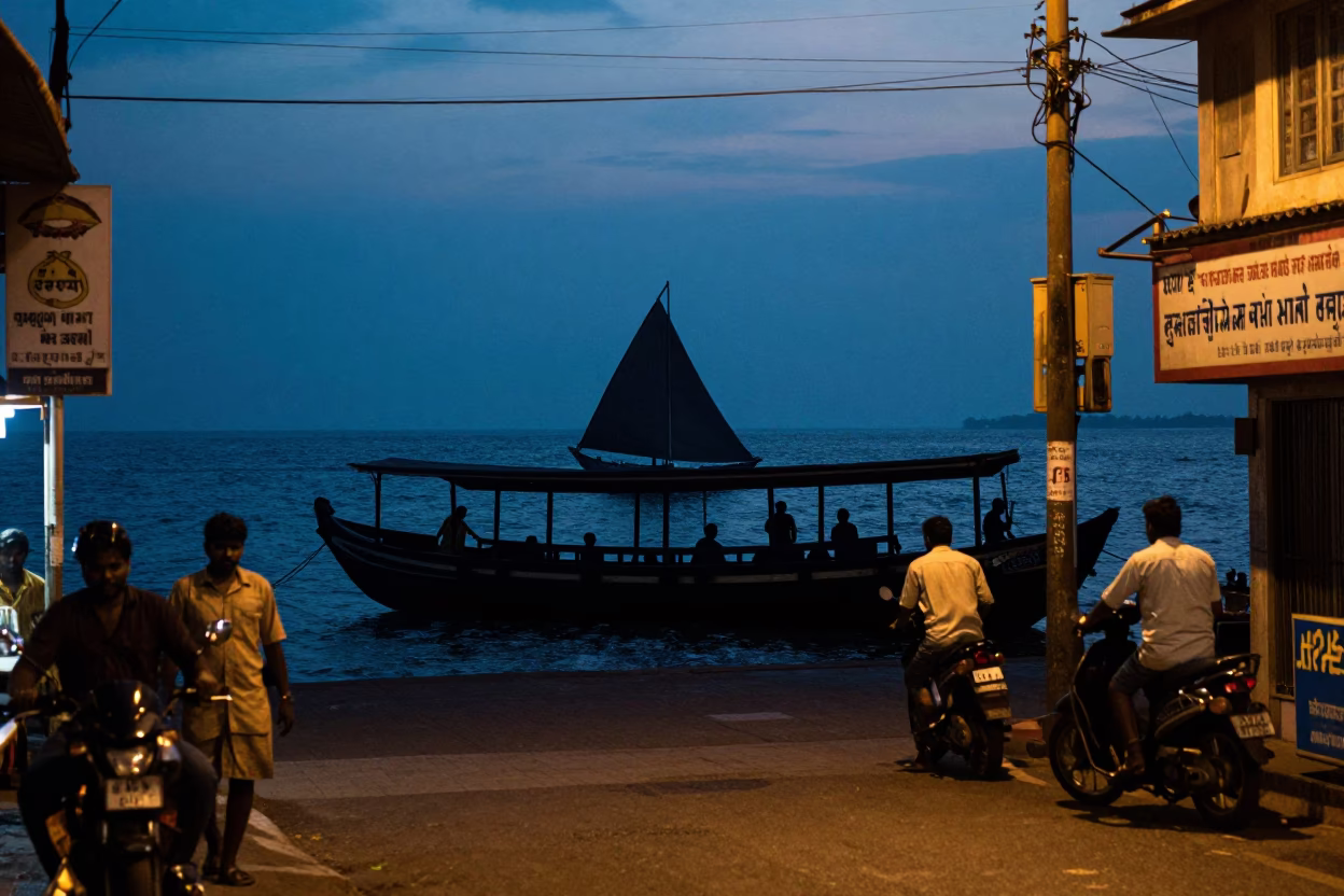 Chennai evening street scene with dhow silhouette and cargo ship horizon in in Chennai, India