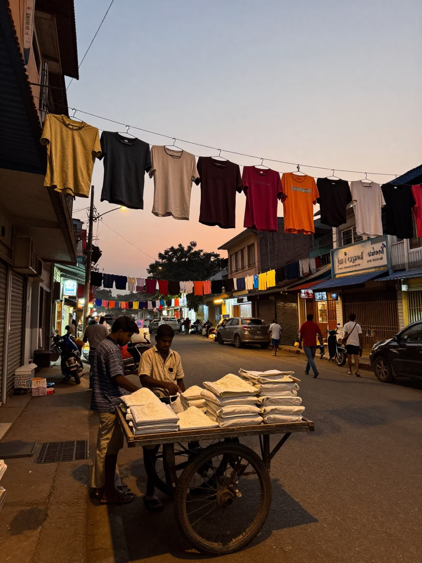Chennai evening street scene with hanging laundry and local commerce in in Chennai, India