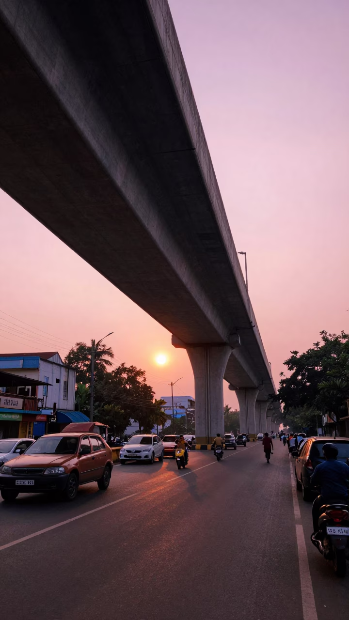 Chennai Evening Street Scene with Highway Flyover and Sun Hats in in Chennai, India