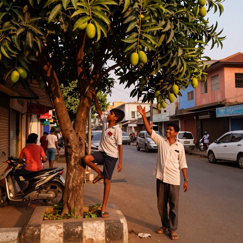 Chennai Evening Street Scene with Mango Tree and Local Life in in Chennai, India