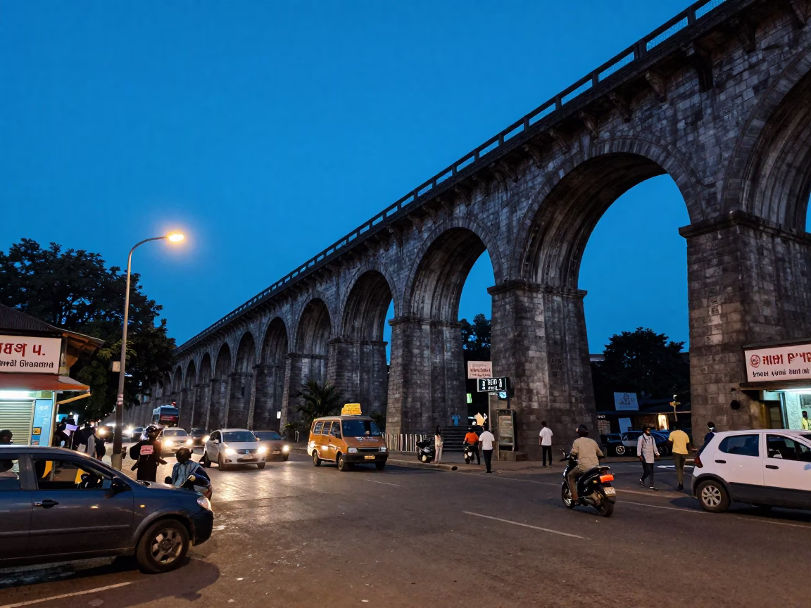 Chennai Evening Street Scene with Railway Viaduct and Local Life in Blue Light in in Chennai, India