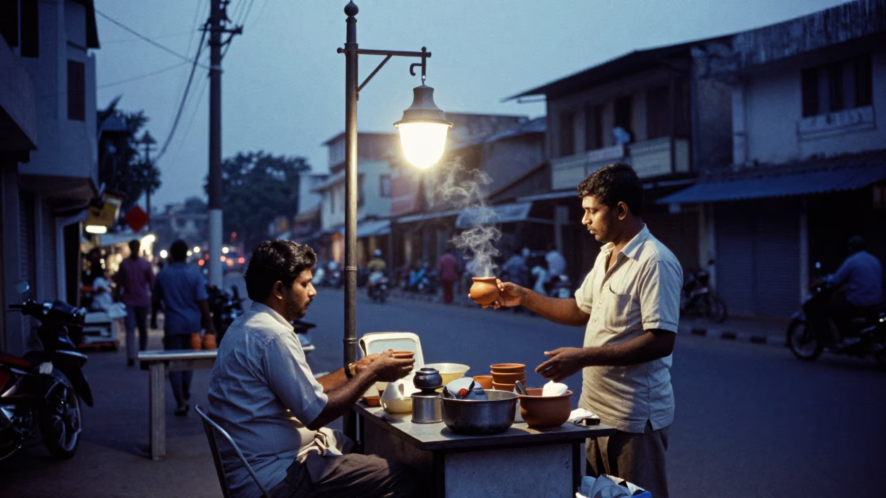 Chennai Evening Street Scene with Traditional Lamp and Local Interaction in in Chennai, India