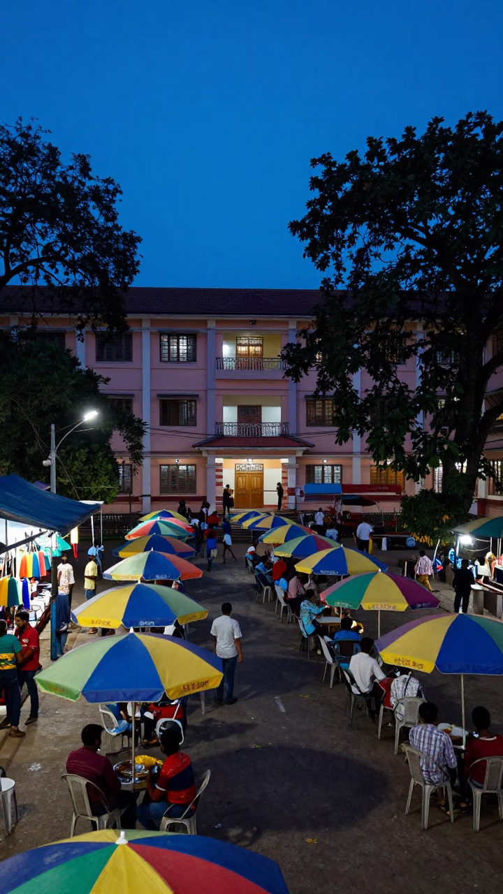 Chennai Evening Street Scene with Umbrellas and Local Life in Blue Hour Light in in Chennai, India