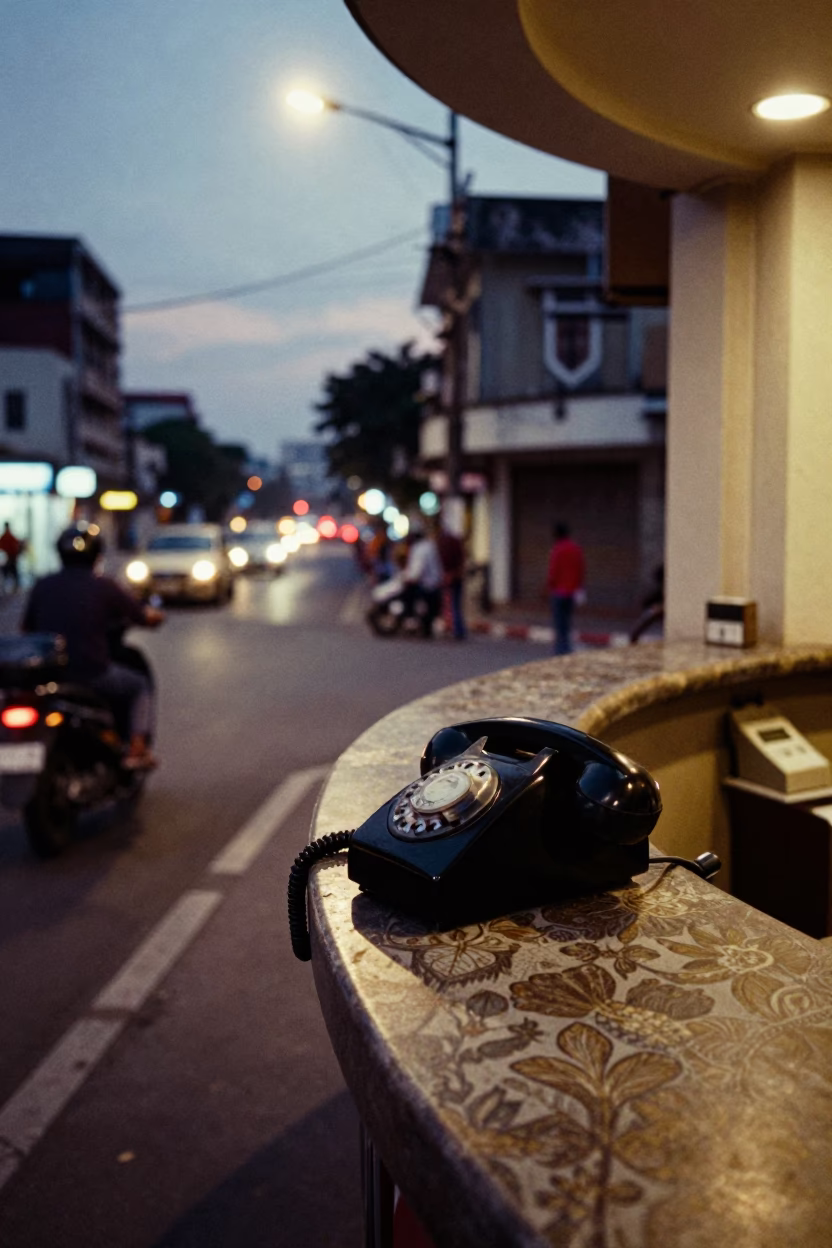Chennai Evening Street Scene with Vintage Telephone and Local Activity in in Chennai, India