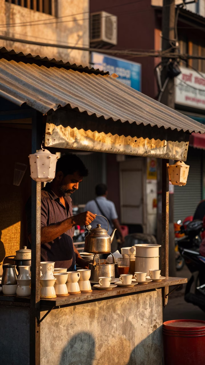 Chennai Evening Tea Stall Scene with Ceramic Cup and Condor in Sky in in Chennai, India