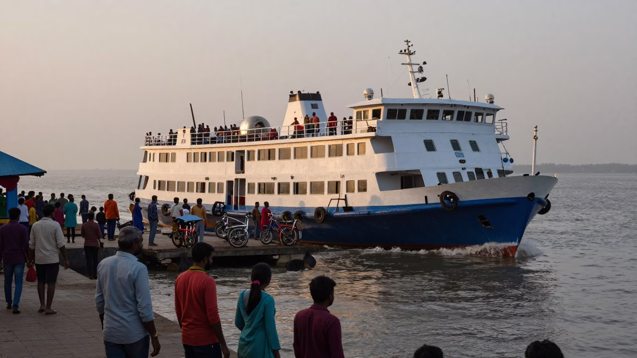 Chennai Ferry Dock at Nautical Dawn Loading Passengers and Bicycles with Sunlight in in Chennai, India