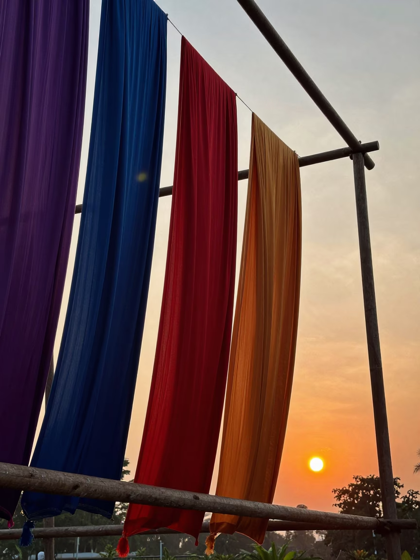 Chennai Hanging Silk Fabrics at As The Sun Drops Toward The Horizon in in Chennai, India