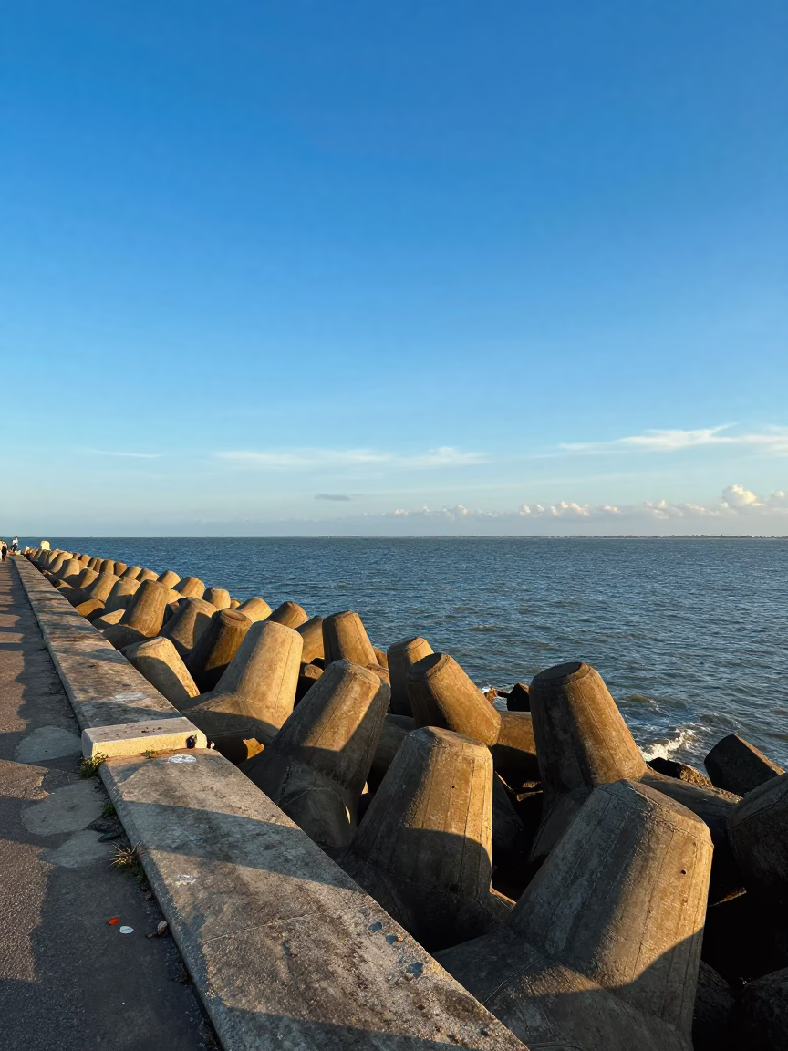 Chennai Harbor Breakwater Late Afternoon Scenic Horizon Shot with Salt Cellar in in Chennai, India