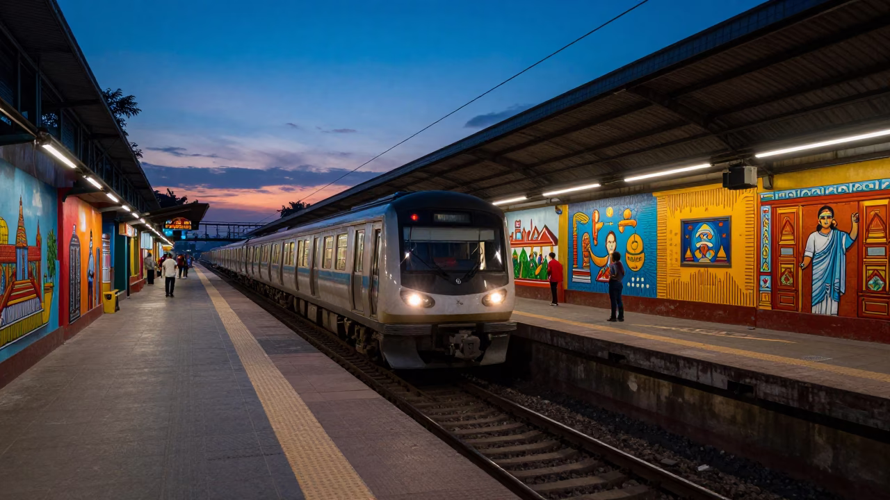 Chennai India Blue Hour Metro Train Arriving at Art Adorned Station During Twilight in in Chennai, India