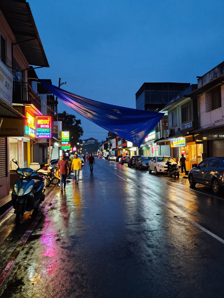 Chennai India Blue Hour Street Scene with Blankets and Wet Asphalt in in Chennai, India